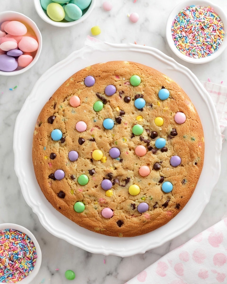 The image shows a large, round cookie with a golden brown color, baked in one thick layer. The cookie is dotted with small, colorful candy-coated pieces in pastel colors like blue, yellow, green, pink, and purple, scattered evenly on the surface along with tiny dark chocolate chips. It rests on a white plate with slightly ruffled edges, placed on a white marbled surface. Around the plate, there are small white bowls holding more colorful candy pieces and sprinkles, adding a playful and bright touch to the scene. The photo taken with an iphone --ar 4:5 --v 7