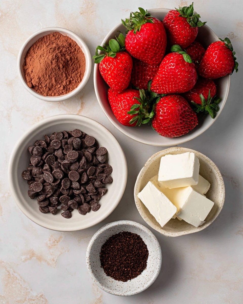 The image shows four white bowls with different ingredients placed on a white marbled surface. The top right bowl is filled with bright red strawberries with green leaves, showing natural texture and shine. Below it, a white bowl contains several small dark brown chocolate chips with a smooth, glossy surface. To the left, there is a white bowl filled with loose, powdery cocoa powder in a dark brown color, with an uneven surface. At the bottom right, a small white bowl has a few chunks of smooth, off-white cream cheese inside. Next to it is a tiny speckled white bowl with finely ground dark brown coffee or cocoa powder. photo taken with an iphone --ar 4:5 --v 7
