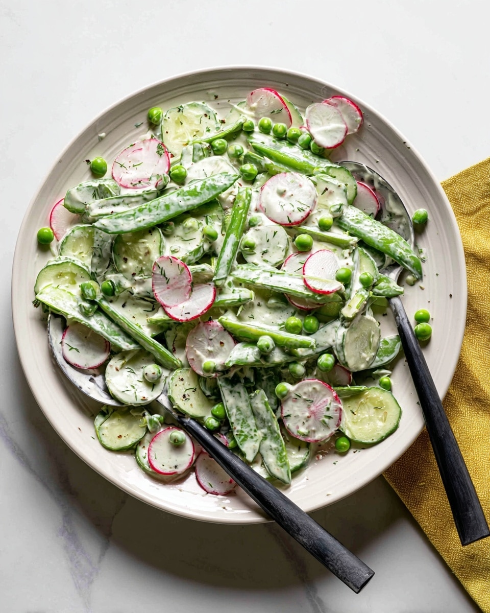 A large white plate holds a fresh vegetable salad with several layers. The bottom layer shows thin slices of pale green cucumber mixed with round slices of crisp radish that have white centers and red edges. On top, there are bright green peas scattered evenly, along with long, light green slices of snap peas. The salad is coated in a creamy white dressing with visible small green herb bits, giving it a textured and slightly thick look. Two black spoons rest on opposite sides of the plate, partially spooning the salad. The plate is set on a white marbled surface with a folded yellow cloth napkin peeking out from underneath the top edge. The whole scene is brightly lit, making the colors of the salad fresh and vibrant. photo taken with an iphone --ar 4:5 --v 7