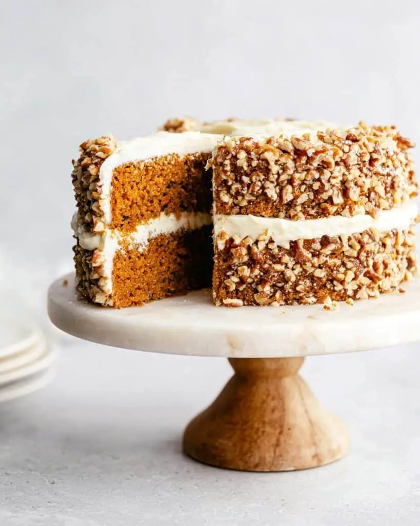 Moist Carrot Cake with Cream Cheese Frosting and Candied Pecans Recipe