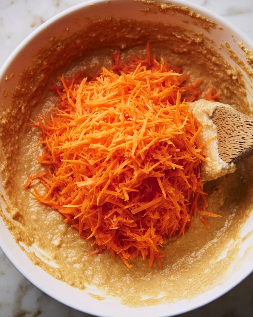 The image shows a white bowl filled with thick beige batter, almost full, with a large mound of bright orange shredded carrot sitting right on top in the center. The carrot pieces are fine and thin, with a fresh and moist texture. The bowl’s inside edge is smeared with some batter, and a wooden spoon is partially visible scooping into the mixture from the bottom right. The background has a white marbled texture. photo taken with an iphone --ar 4:5 --v 7