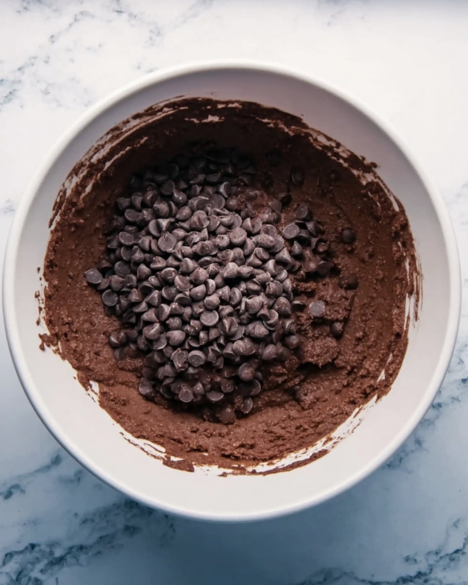 The image shows a white mixing bowl filled with two main layers visible from above: a thick, dark brown chocolate batter covering most of the bowl's bottom and sides, and on top, a pile of small, lighter brown chocolate chips clustered mostly in the center. The batter has a smooth but dense texture with some uneven edges where it meets the bowl. The bowl is placed on a white marbled surface. photo taken with an iphone --ar 4:5 --v 7