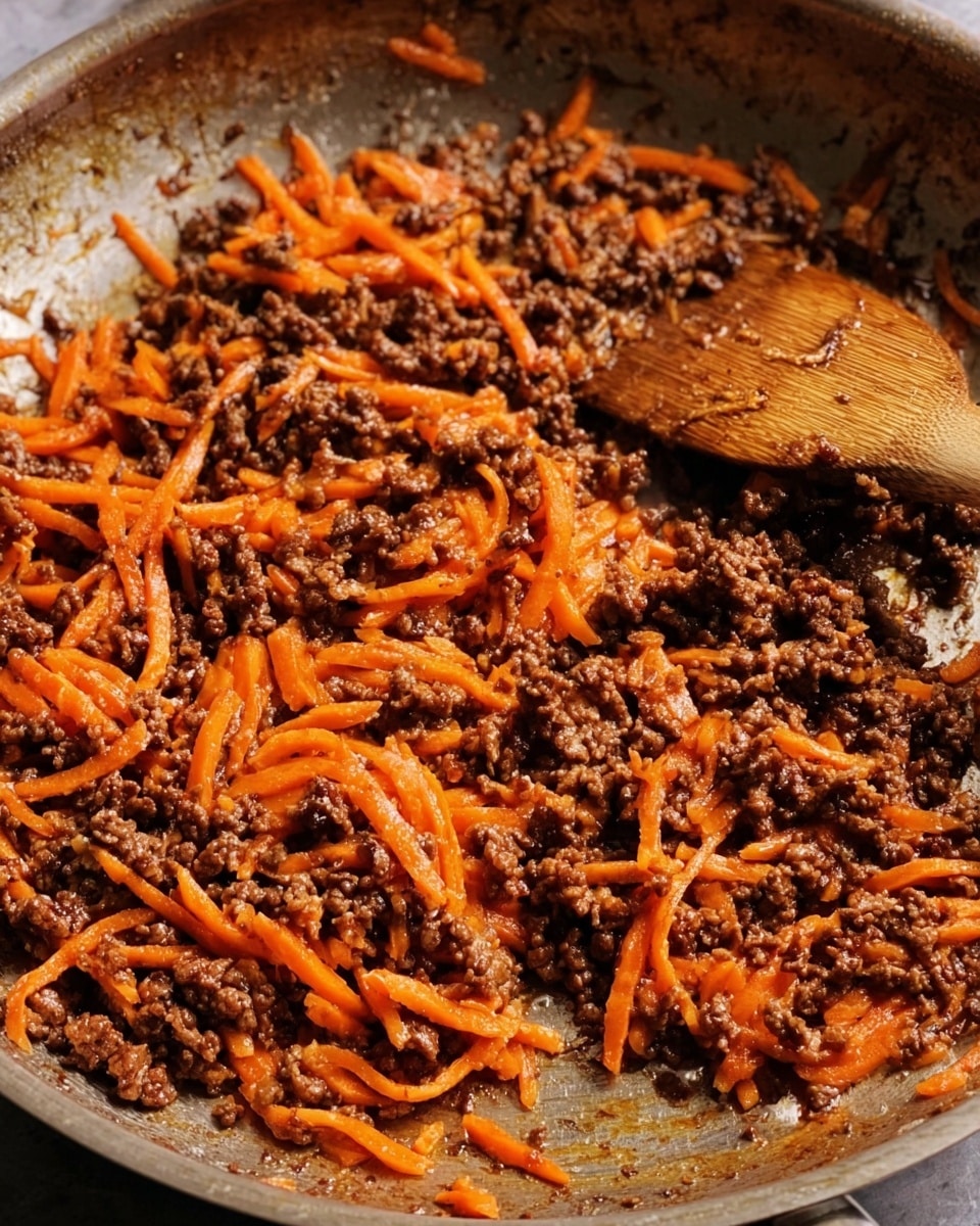 The image shows a close-up of a frying pan with cooked ground meat mixed with thin orange carrot strips. The meat is browned with a slightly glossy texture, while the carrots are soft and slightly shiny. The mixture is spread evenly across the pan surface, with a wooden spatula resting on the right side, partially covered in the same meat and carrot mix. The pan's interior is metallic with some cooking residue visible, and the overall scene has warm tones. Photo taken with an iphone --ar 4:5 --v 7
