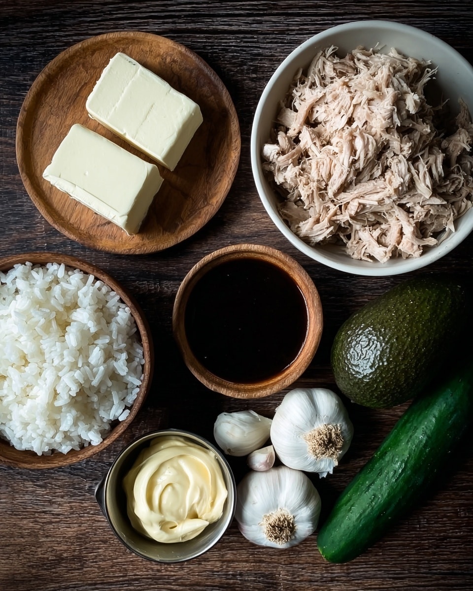 The image shows a close-up of various ingredients arranged on a dark wooden surface. In the top right, there is a white bowl filled with light brown shredded meat. To the left of it, two square pale yellow blocks of soft butter rest on a small wooden plate. Below the butter, a small round bowl contains a shiny, thick dark sauce. To its left, a wooden bowl holds a pile of fluffy white rice. In the bottom left corner, a small metal cup filled with smooth, pale yellow mayonnaise stands out. Near the bottom center, there are several garlic cloves and heads with white papery skins. On the right side of the image, a dark green avocado and a long, glossy cucumber lie side by side. The whole setup sits on a dark wood table with visible grain texture. Photo taken with an iphone --ar 4:5 --v 7