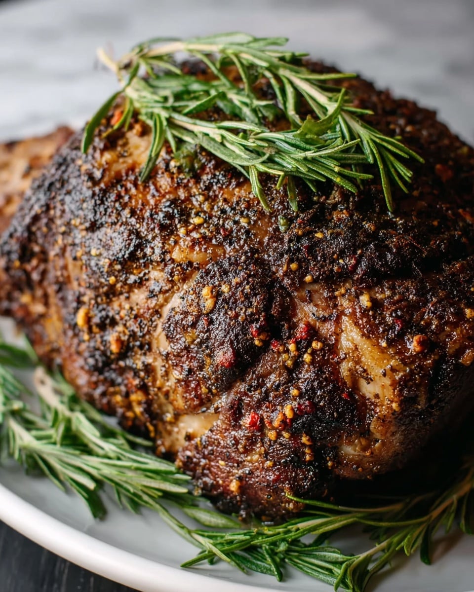 A close-up view of a thick, roasted piece of meat resting on a few green rosemary sprigs on a white plate. The meat has a crispy, dark brown outer layer with visible spices and small bits embedded in the crust. On top of the meat lie fresh green rosemary sprigs, adding a pop of color against the rich, textured surface of the roast. The plate is placed on a white marbled surface that softly reflects light, highlighting the details of the meat. photo taken with an iphone --ar 4:5 --v 7