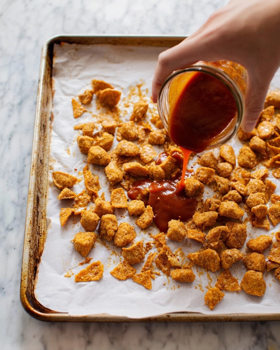 This image shows a baking tray covered with white parchment paper and many small, golden-brown crispy pieces scattered across it. A woman's hand is pouring a thick reddish-brown sauce over the pieces from a jar above, with the sauce dripping directly onto the center of the pieces. The tray edges are slightly worn and the background is a white marbled texture. photo taken with an iphone --ar 4:5 --v 7