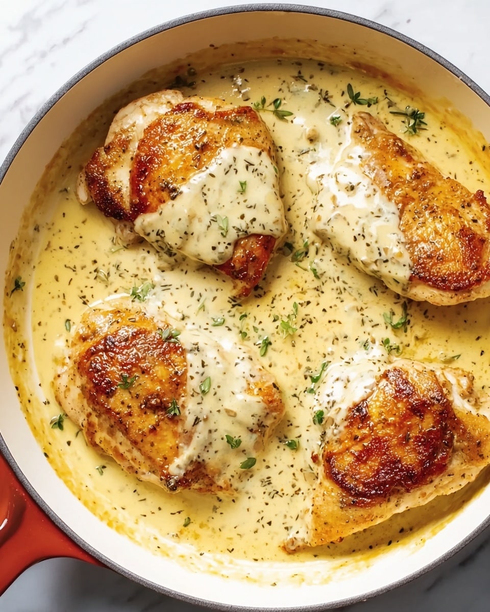 A white round pan with four pieces of golden brown cooked chicken, each covered with a light creamy sauce with small dark herb specks, the sauce pooling around the chicken and spreading unevenly across the bottom of the pan creating a smooth textured base, all set on a white marbled surface photo taken with an iphone --ar 4:5 --v 7