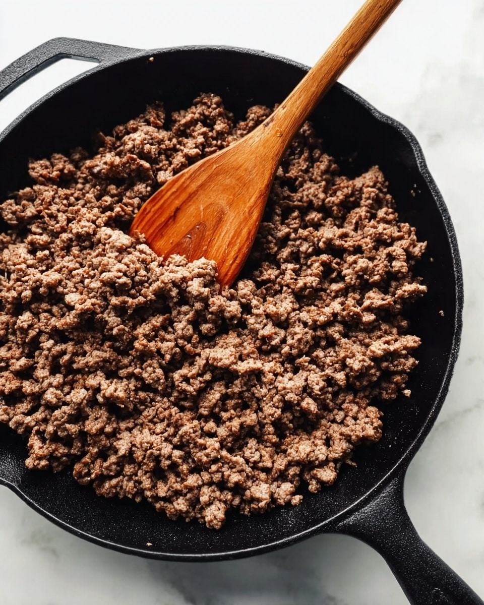 A close-up view of a black cast iron skillet filled with cooked ground beef that is brown and slightly crumbly in texture, with a wooden spoon partially stirring the meat, all set on a white marbled surface. photo taken with an iphone --ar 4:5 --v 7