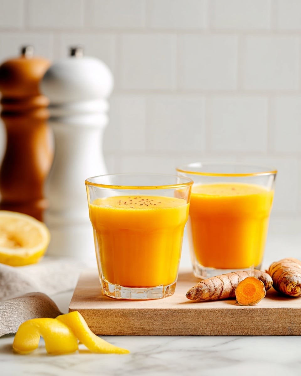 Two clear glasses filled with bright orange-yellow juice sit side by side on a light wooden board, showing a smooth, thick texture with tiny dark specks on top. In front of the glasses is a curled yellow lemon peel resting on a white marbled surface. Next to the glasses on the board are pieces of fresh turmeric root, one whole and one sliced to show its pale yellow inside. A white and wood pepper grinder stands to the left against a white tiled wall background. The scene is softly lit with a clean, fresh feel, photo taken with an iphone --ar 4:5 --v 7