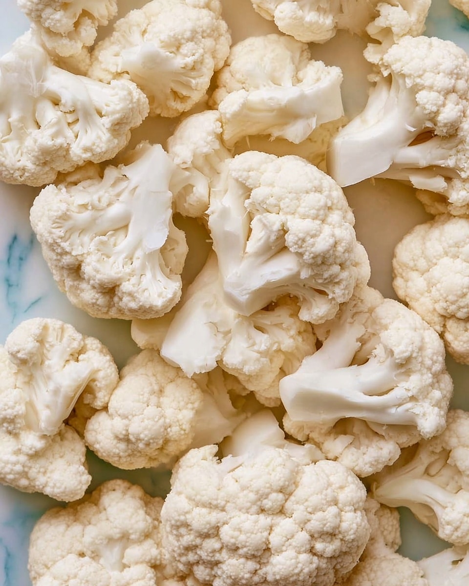 A close-up image showing many cauliflower florets spread out, each floret having a creamy white color with a soft, bumpy texture. The florets have small sections of thick white stems attached, and they are arranged loosely without overlapping much. The background is a white marbled texture that contrasts with the pale color of the cauliflower. photo taken with an iphone --ar 4:5 --v 7