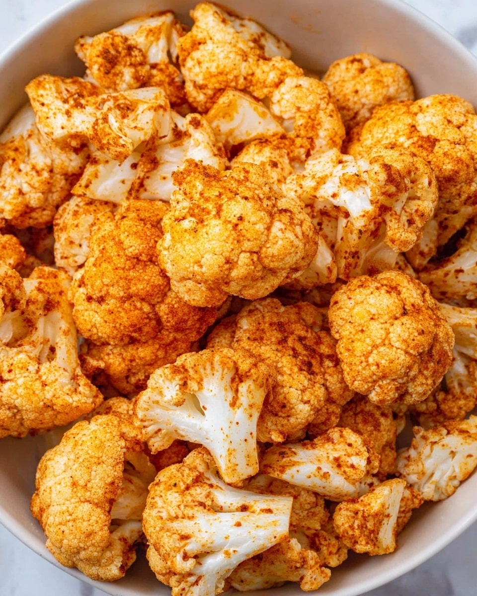 The image shows many pieces of cauliflower cut into small florets. Each floret is covered with a light orange seasoning that looks like a mix of spices, giving it a slightly rough texture. The white of the cauliflower is visible under the spice, creating a contrast with the orange color. The florets fill the whole white bowl, stacked close together, and the bowl is set on a white marbled surface. The lighting is bright and clear, showing the texture and colors well. photo taken with an iphone --ar 4:5 --v 7