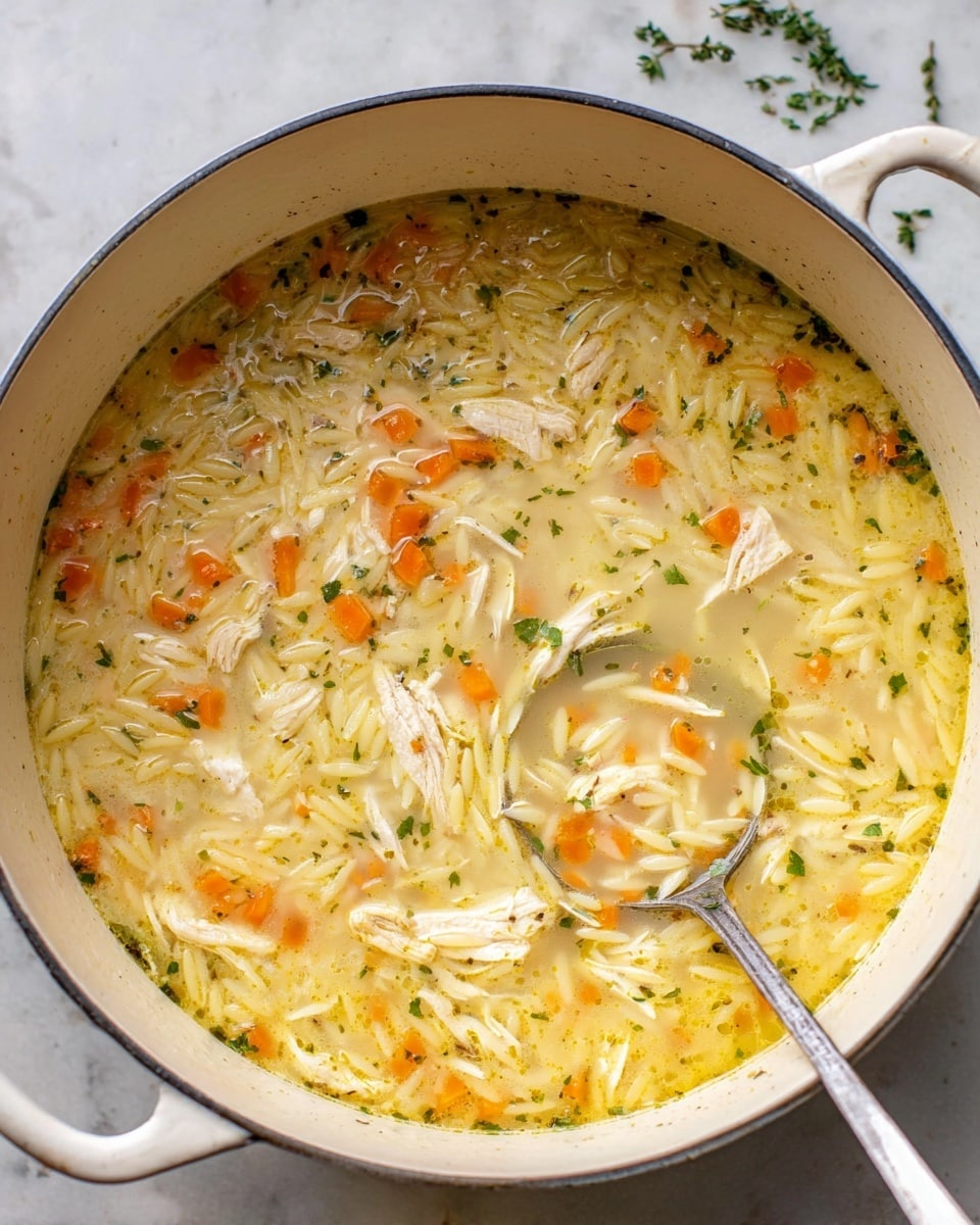 A large white pot filled with creamy soup showing layers of light yellow broth with small pieces of white shredded chicken throughout. There are small diced orange carrots and bits of green herbs mixed evenly in the soup. Thin, small pieces of orzo pasta float in the soup, adding texture. A metal ladle sits on the right side of the pot, partially submerged in the soup. The background is a white marbled surface with a few scattered herbs around the pot. Photo taken with an iphone --ar 4:5 --v 7