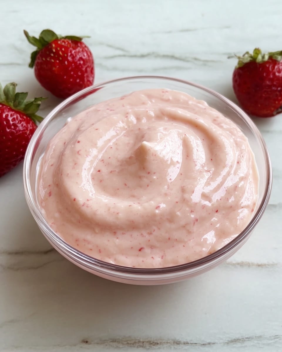 A clear glass bowl filled with a smooth, creamy light pink mixture that has small specks of red throughout. The mixture is swirled on the surface, creating gentle ridges and a soft texture. Around the bowl, there are three fresh whole strawberries with their green tops still on, placed on a white marbled surface. Photo taken with an iphone --ar 4:5 --v 7