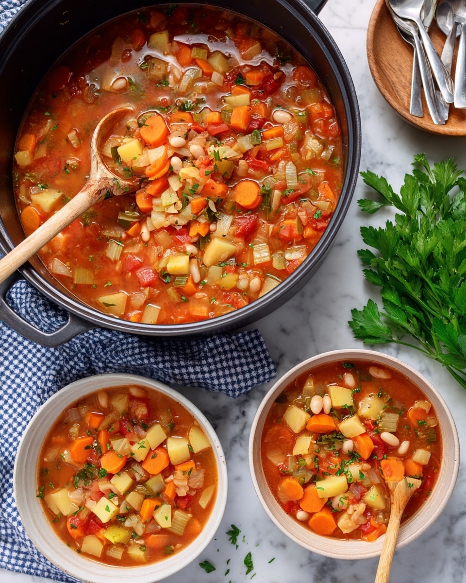 A large black pot filled with chunky vegetable soup showing layers of small orange carrot slices, yellow potato cubes, white bean pieces, and pale green cabbage bits all mixed in a rich, slightly red broth, sprinkled with green herbs. Two white bowls contain the same soup with visible layers of colorful veggies and broth, one with a spoon inside. A wooden ladle with a light handle lifts some soup from the pot, showing the mix closely. The scene is set on a white marbled surface with a blue and white checked cloth near one bowl, fresh green celery leaves to the side, and two silver spoons placed near the pot lid in the upper right corner. photo taken with an iphone --ar 4:5 --v 7