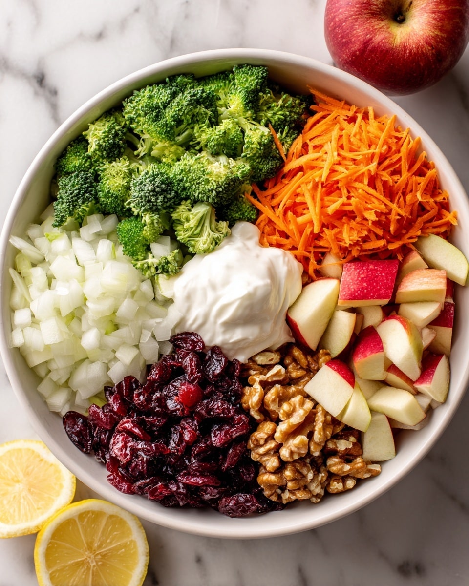 A white bowl holds six bright layers arranged in sections: the largest section is filled with fresh green broccoli florets, next to it finely chopped white onions. Above the onions are small pieces of red apple with skin on, cut into chunky triangles. Beside the apples is a pile of finely shredded orange carrots. Next to the carrots are deep red dried cranberries, and next to those are pieces of light brown walnuts. In the center of the bowl, a dollop of smooth white yogurt or dressing sits atop the ingredients. The bowl rests on a white marbled surface with a lemon half and a red apple placed nearby. photo taken with an iphone --ar 4:5 --v 7