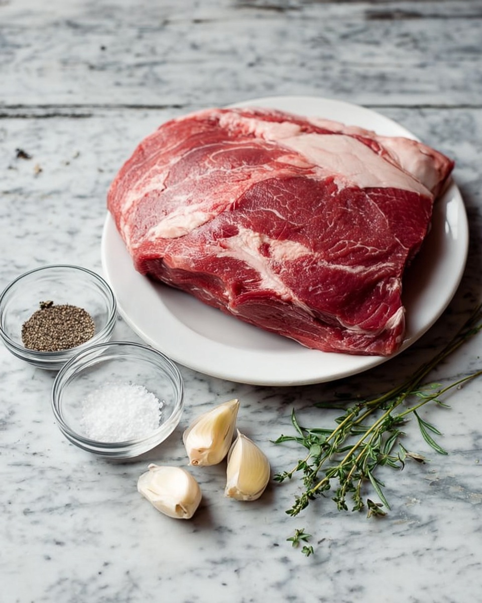 A large piece of raw red meat with fat on top rests on a white plate placed on a white marbled surface. Next to the plate, there are two small clear glass bowls, one with black pepper and the other with salt. Several peeled garlic cloves and green herb sprigs lie beside the bowls, all arranged neatly on the surface. photo taken with an iphone --ar 4:5 --v 7