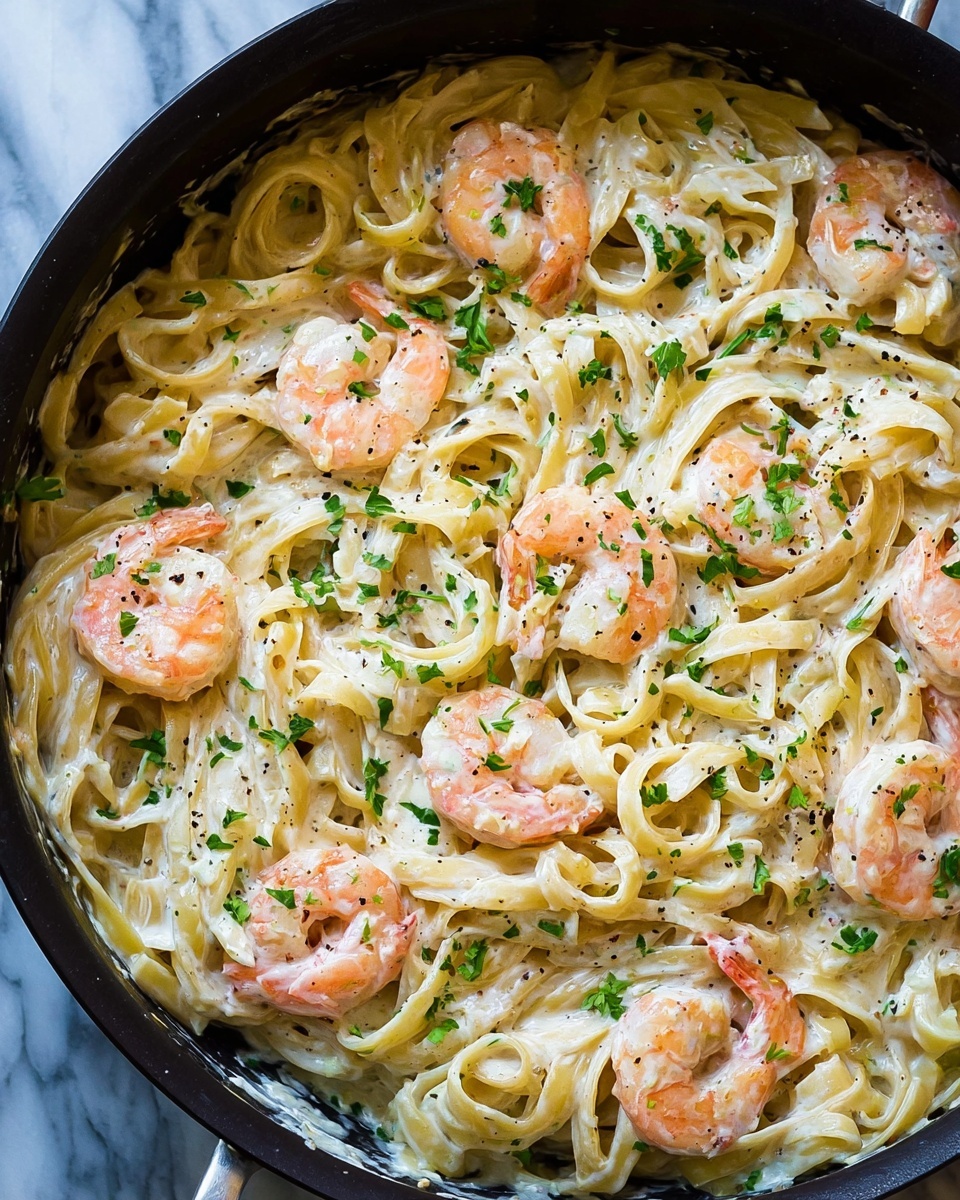 A white round plate holds a creamy pasta dish with shrimps. The base layer is light cream-colored fettuccine noodles coated in a smooth white sauce. On top are several pink-orange cooked shrimps sprinkled with chopped green herbs and small black pepper specks. A silver fork rests on the right side of the plate. The plate sits on a white marbled surface photo taken with an iphone --ar 4:5 --v 7