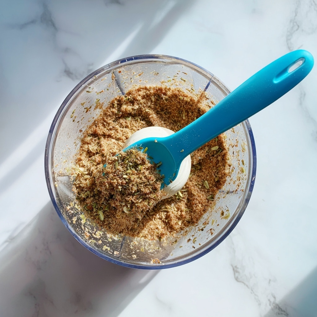 A close-up top view of a clear glass blender bowl with a white blade inside, filled with a coarse textured brownish mixture with green flecks. A bright blue silicone spatula lifts some of the mixture out of the bowl, showing its thick consistency with small bits. The bowl rests on a white marbled surface. Photo taken with an iphone --ar 4:5 --v 7
