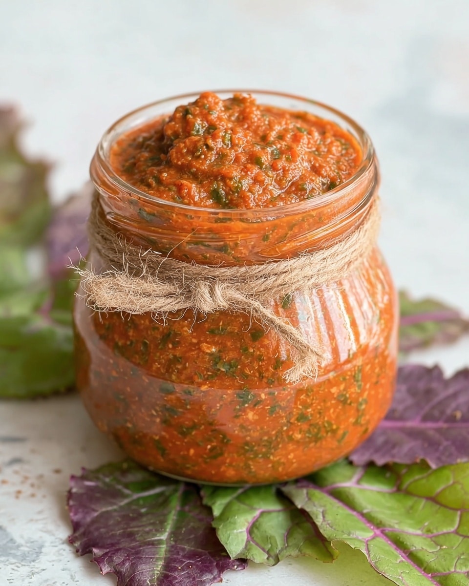 The image shows a small glass jar filled to the top with a thick red-orange sauce mixed with small green and light colored bits, giving it a textured, slightly chunky look. The jar has a rough twine string wrapped twice around its neck and tied in a knot at the front. Around the jar, there are a few leafy green vegetables with purple edging, placed on a white marbled surface. The sauce fills the jar completely, even slightly mounded over the rim, showing its dense texture. Photo taken with an iphone --ar 4:5 --v 7