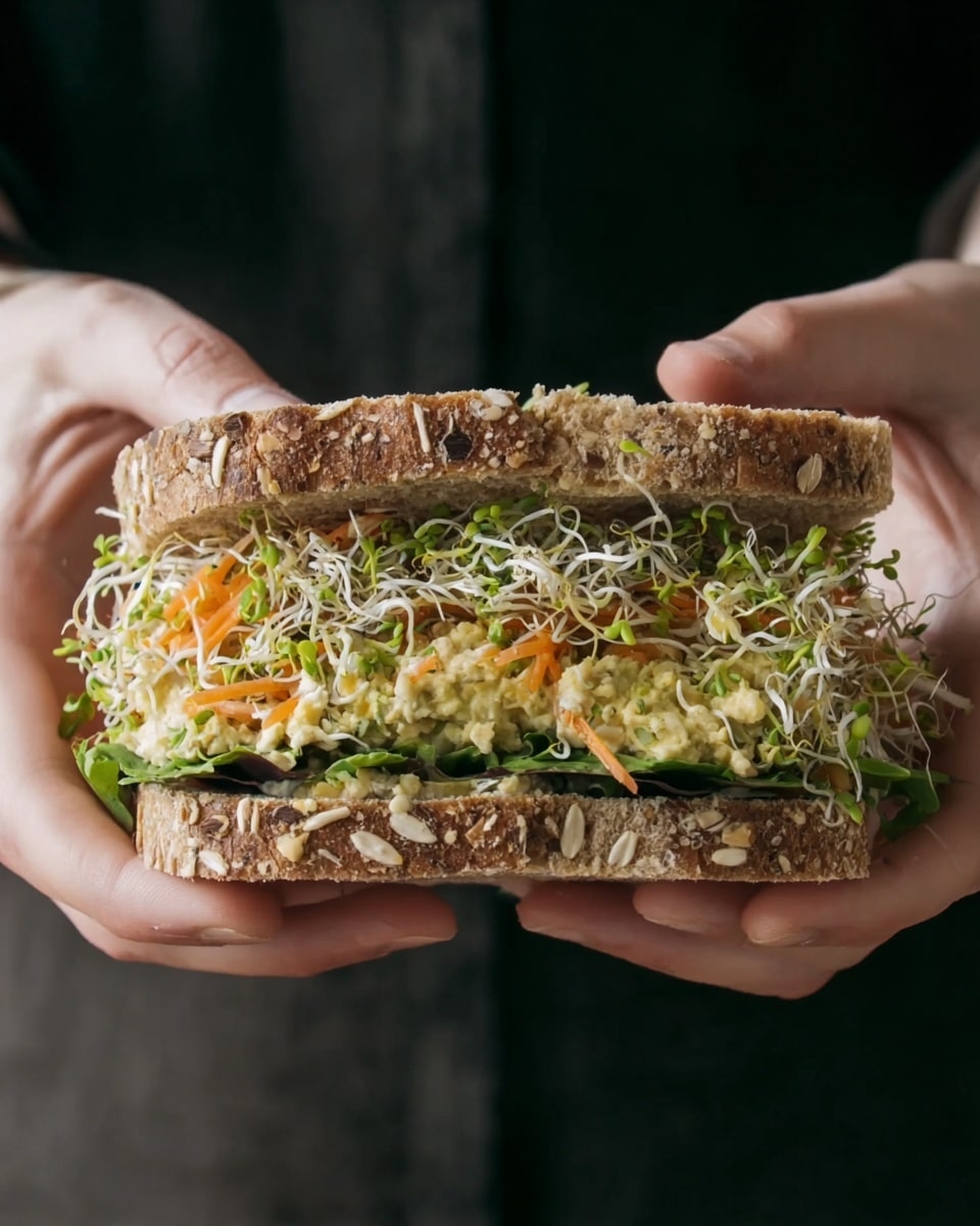 A sandwich held by two woman's hands shows three main layers inside thick slices of multi-grain bread with visible oats and seeds. The bottom layer is dark green leafy lettuce, followed by a thick middle layer of light yellow creamy salad mixed with small pieces of red onion. On top, there are light green and white sprouts mixed with thin orange carrot strips. The background is simple and dark, focusing attention on the sandwich. photo taken with an iphone --ar 4:5 --v 7