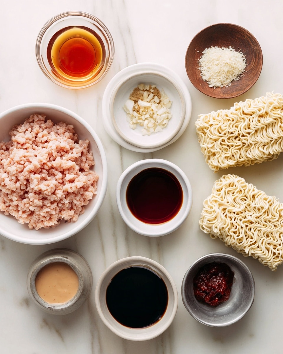 The image shows a top view of various ingredients for a meal, all placed on a white marbled surface. At the bottom left, there is a white bowl filled with pale pink raw ground meat. Above it, a glass container holds a light amber liquid. Around the center, there are several small white bowls and a dark wooden bowl holding different items: one has finely chopped garlic, one has light brown sugar, another holds a dark soy sauce, and one contains a thick dark reddish paste. A small metal bowl contains a tan creamy sauce. To the right side, there are two stacked round blocks of uncooked instant ramen noodles with a pale yellow color. The arrangement is clean and spaced out. Photo taken with an iphone --ar 4:5 --v 7