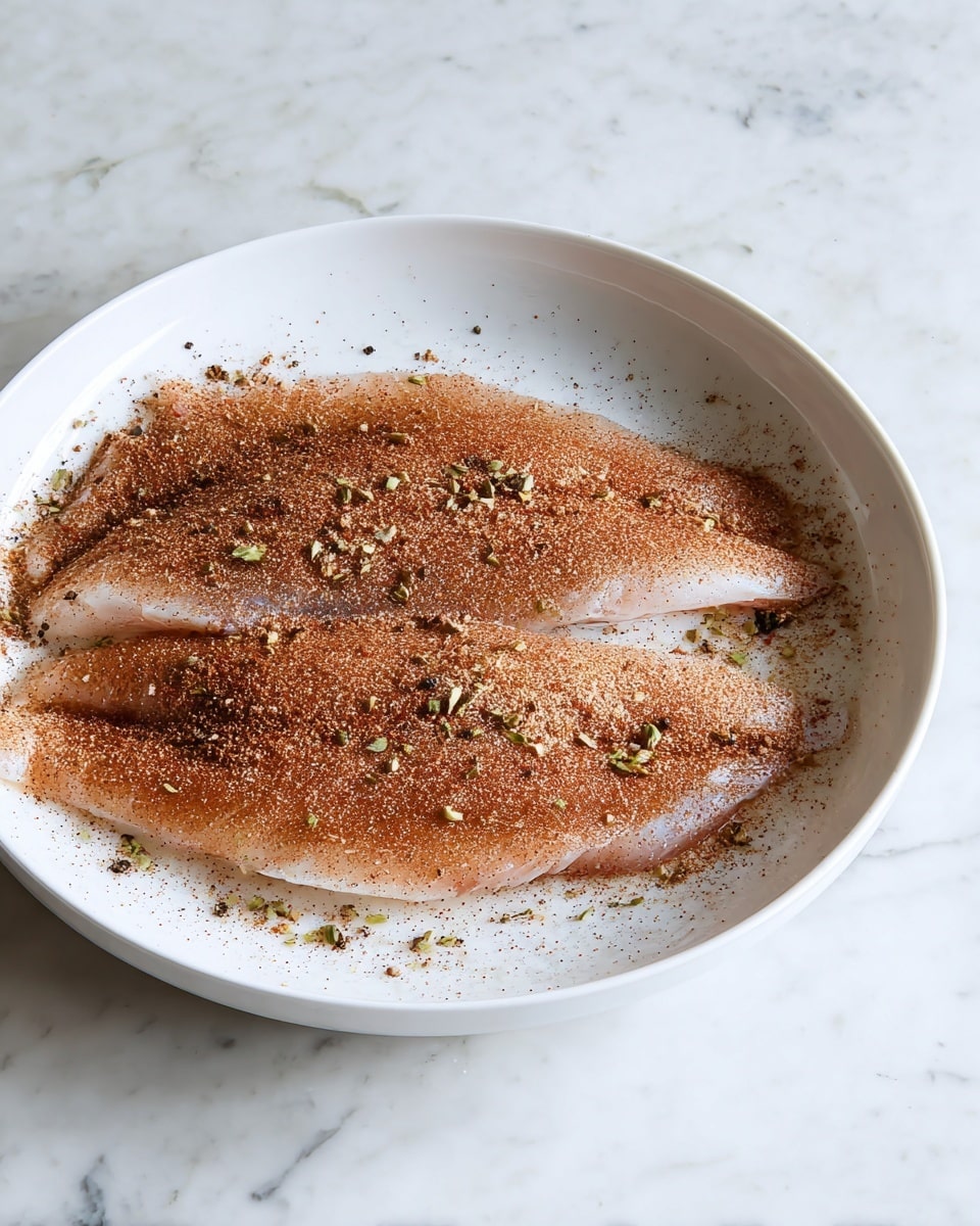 Two raw fish fillets lie flat in a white round shallow bowl. Each fillet is light pink with a reddish-brown spice powder evenly covering the tops, giving a rough texture. Some small green and black spice bits are scattered on the fillets and the bowl's edges. The bowl is set on a white marbled surface. photo taken with an iphone --ar 4:5 --v 7