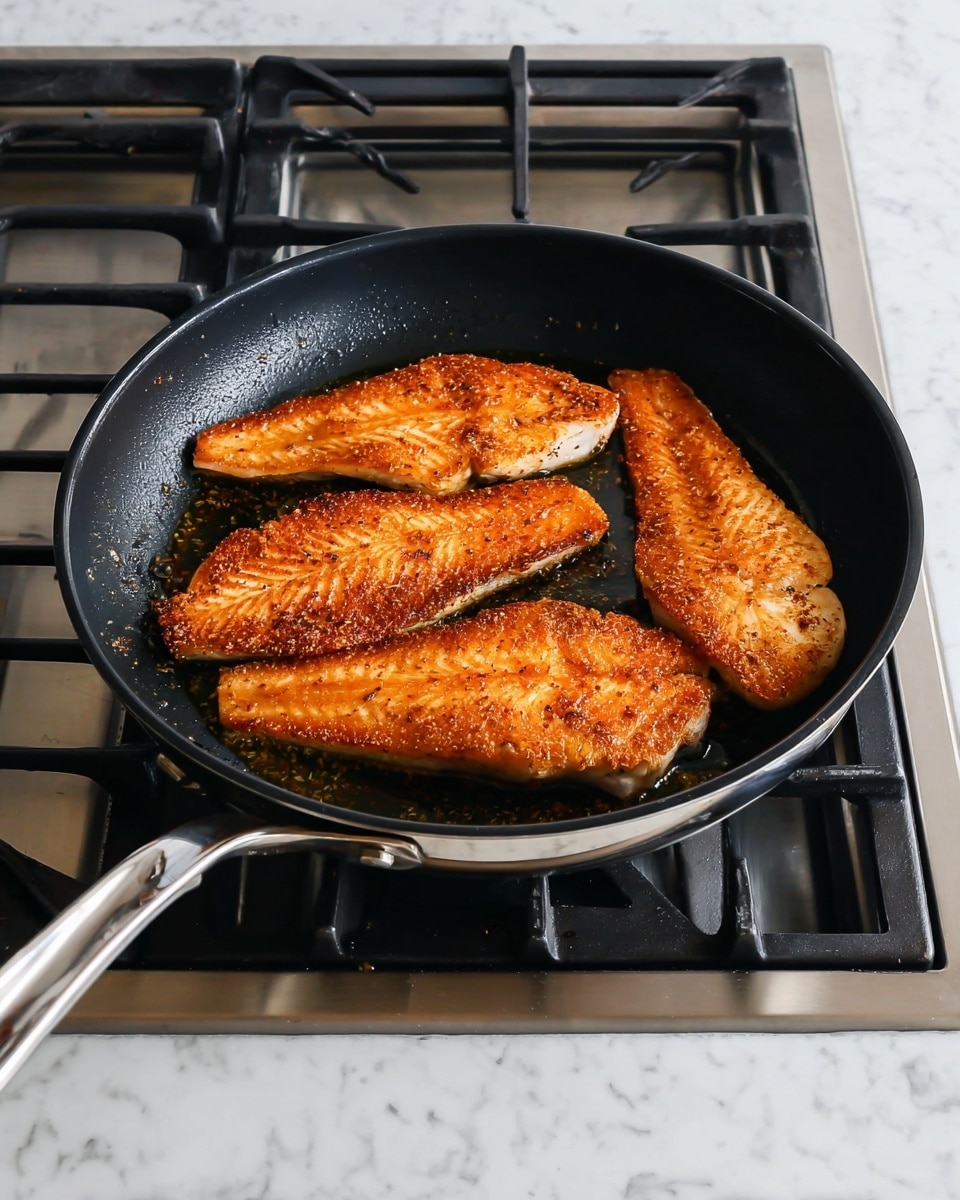 A black pan with a silver handle is placed on a gas stove with black grates. Inside the pan, there are four fillets of fish, each with a golden-brown crust and a slightly crispy texture. The fillets vary in size and are arranged closely together, with visible seasoning that gives them a speckled orange and reddish color. The pan has a light layer of oil, giving a shiny look around the fish. The surrounding counter has a white marbled texture. photo taken with an iphone --ar 4:5 --v 7