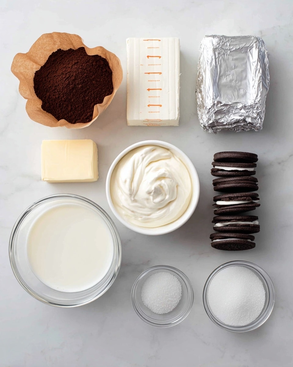The image shows several baking ingredients arranged neatly on a white marbled surface. At the top left, there are two unwrapped dark brown powdery portions inside light brown paper cups. To their right is a rectangular block of white cream cheese partially wrapped in silver foil. Next to it on the far right is a white bowl filled with smooth, thick, white whipped cream. Below these, a clear glass cup holds white milk on the left side, with a small slab of butter marked with measurement lines lying horizontally above a small round glass bowl of milk. To the right of these, a neat pile of dark chocolate sandwich cookies with white cream centers lay stacked in two rows. Finally, on the far right bottom corner, there is a clear small bowl filled with white granulated sugar. photo taken with an iphone --ar 4:5 --v 7