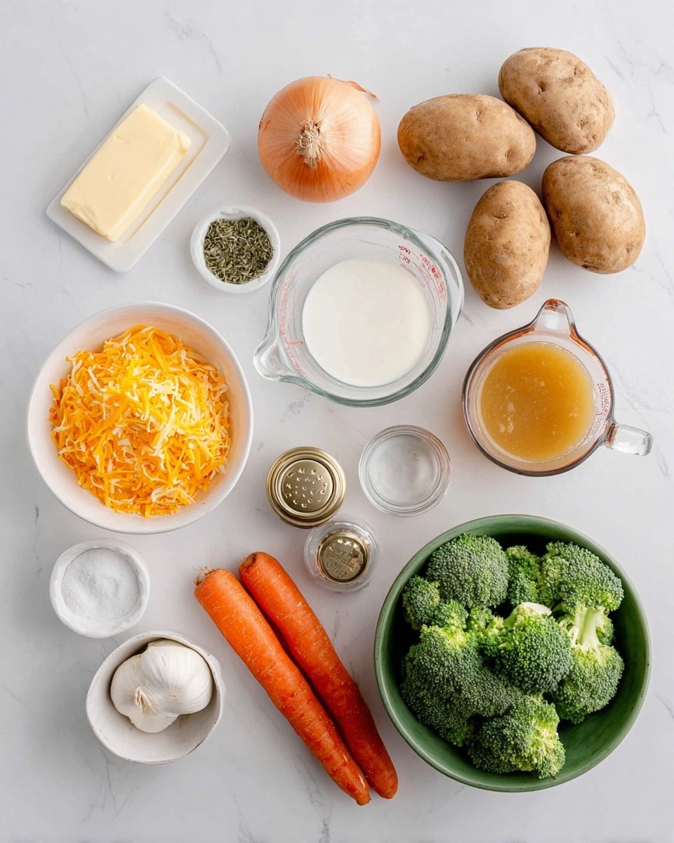 A white marbled surface holds the ingredients for a recipe carefully arranged: three medium brown potatoes on the upper right, a glass measuring cup with light brown broth next to them; below that, a clear glass measuring cup with white cream; a small glass jar of salt with a gold lid, and a small glass jar of pepper next to it. On the left side, a white bowl filled with bright orange shredded cheese sits near a green bowl with fresh green broccoli florets. Around these bowls, two whole orange carrots, a whole light yellow onion, and a white garlic bulb are placed. In small white bowls at the top left, there is a stick of pale yellow butter and a white powder, likely flour, while a small glass dish with dried green herbs is near the potatoes. The scene is neat and bright, showing fresh ingredients ready for cooking. Photo taken with an iphone --ar 4:5 --v 7