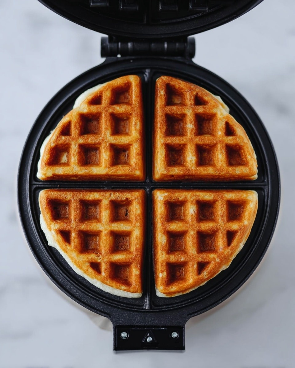 A golden brown waffle sits in a black waffle maker, showing a round shape divided clearly into four sections, each with a grid of small square pockets. The waffle has a crisp texture with slightly raised edges and a soft inside, glowing warmly under soft light. The waffle maker is open and placed on a white marbled surface that softly reflects light. The scene is clean and simple with a focus on the waffle's even color and structured shape. photo taken with an iphone --ar 4:5 --v 7