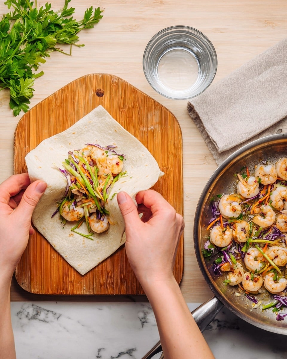 The image shows a woman's hands folding a soft, light beige wrap on a wooden cutting board, filled with cooked shrimp and colorful vegetables like green julienned strips, orange, and purple shreds. To the right, there is a shiny metal frying pan filled with similar cooked shrimp and vegetable mix, glistening with light oil. A glass of water and a folded light beige napkin rest on a white marbled surface around the scene. Fresh green parsley is partly visible at the top left corner. The photo taken with an iphone --ar 4:5 --v 7