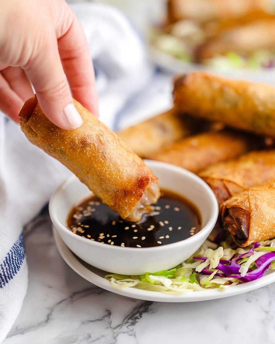 A woman's hand is holding a golden-brown crispy rolled spring roll, dipping it into a small white bowl filled with dark soy sauce that has visible white sesame seeds floating on top. The spring roll has a textured, crunchy surface with slight browning from frying. In the background, more spring rolls are placed on a white plate with a bed of shredded purple and white cabbage. The setting is on a white marbled surface with a white towel that has blue stripes beside the dipping bowl. Photo taken with an iphone --ar 4:5 --v 7