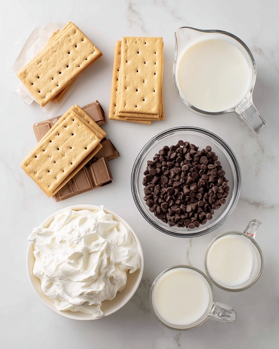 The image shows the ingredients for making a dessert laid out neatly on a white marbled surface. There are three stacks of light brown graham crackers, each stack containing several rectangular pieces with small holes. A clear glass bowl in the center holds dark chocolate chips, looking glossy and smooth. To the bottom left, a white bowl is filled with thick, white whipped cream, showing soft swirls. Two brown paper packages are placed near the top, folded neatly. On the right, there are two clear glass measuring cups, one filled with white milk and the other filled with a white liquid, both showing clear handles and spouts. The overall style is clean and bright with all items spaced out evenly. photo taken with an iphone --ar 4:5 --v 7