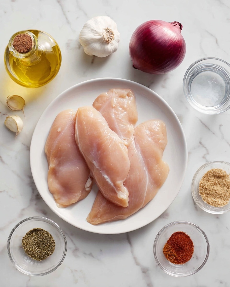 Four pieces of raw chicken fillets with a pale pink color and smooth texture are placed overlapping in the center of a round white plate. Around the plate, there are seven containers arranged on a white marbled surface: at the top left, a glass bottle with olive oil showing a golden yellow liquid; next to it, a whole white garlic bulb; below that, a whole red onion with deep purple skin; a small glass bowl with dried herbs in green near the onion; a small glass bowl with white salt; at the top right, a clear glass cup filled with water; and two small glass bowls near the water, one with light brown ground spices and the other with darker red chili powder. The lighting is soft and natural, capturing a clean cooking preparation scene photo taken with an iphone --ar 4:5 --v 7