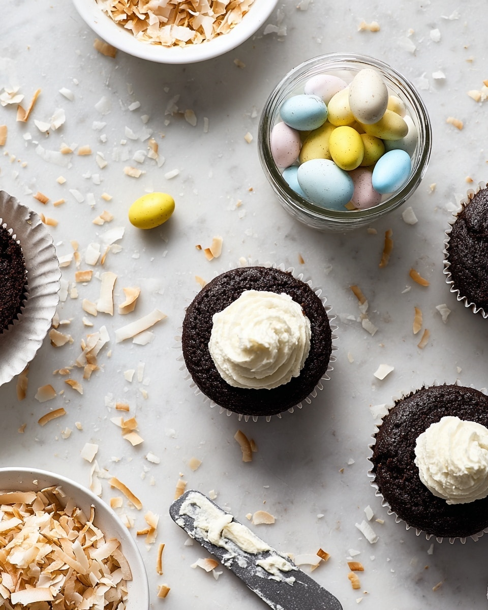 The image shows four dark chocolate cupcakes on a white marbled surface, with one cupcake in the center having a dollop of white creamy frosting on top. Around the cupcakes, there is a jar filled with small pastel-colored candy eggs in shades of yellow, blue, pink, and white, some spilled on the surface. To the left, a white bowl holds toasted coconut flakes, and to the right, a metal spreading knife with white frosting rests on the surface near more scattered toasted coconut flakes and candy eggs. The texture of the cupcakes looks rich and moist, and the frosting is smooth and soft. Photo taken with an iphone --ar 4:5 --v 7