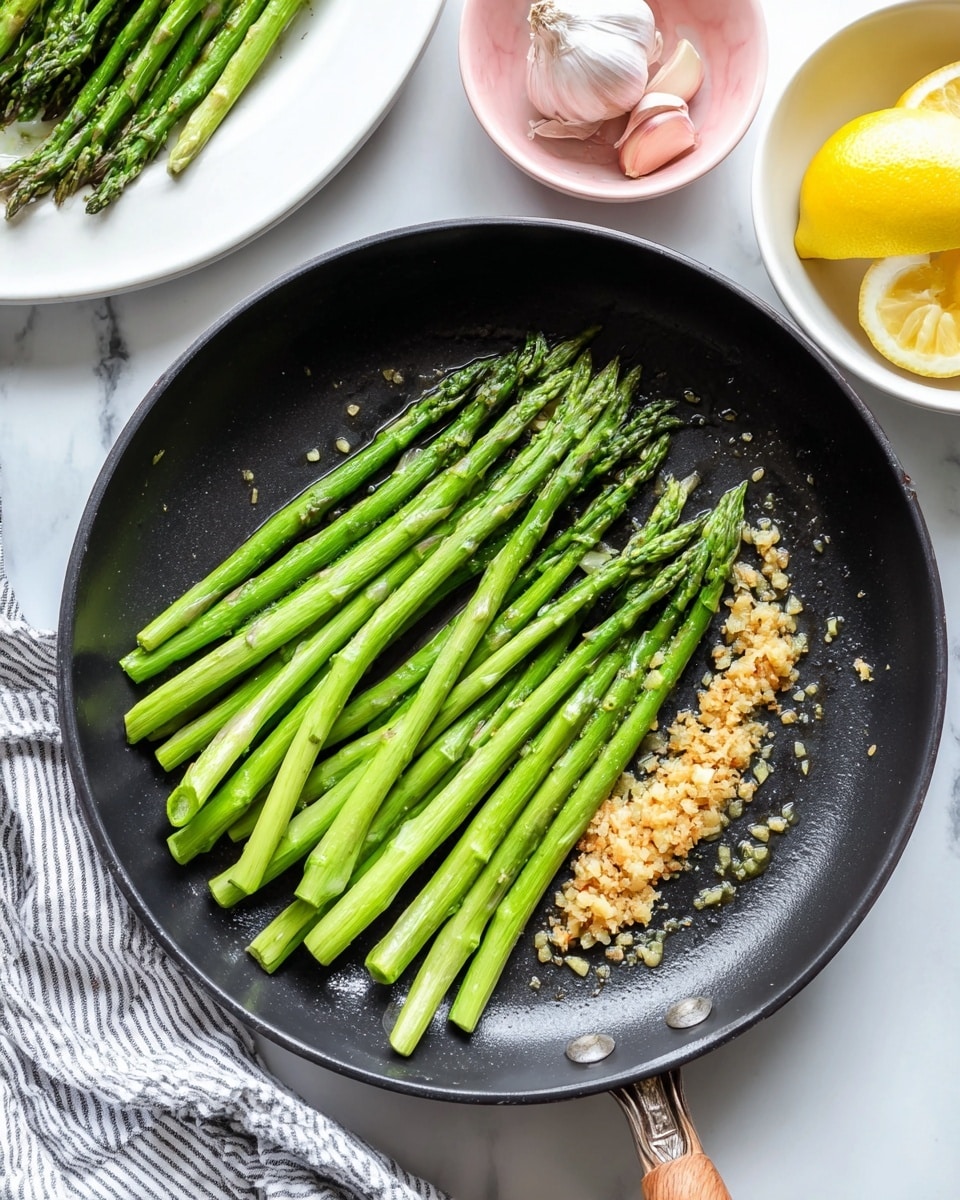 A close-up view of a black pan with bright green cooked asparagus spears neatly aligned in the left half of the pan, topped with small bits of light golden-brown minced garlic clustered on the right half. Part of a white plate with more cooked asparagus is visible in the upper left corner, and next to it, a white bowl holds yellow lemon halves with a smaller pink bowl containing a garlic bulb above it. All items rest on a white marbled surface, with a striped cloth towel partially visible at the bottom left corner. Photo taken with an iphone --ar 4:5 --v 7