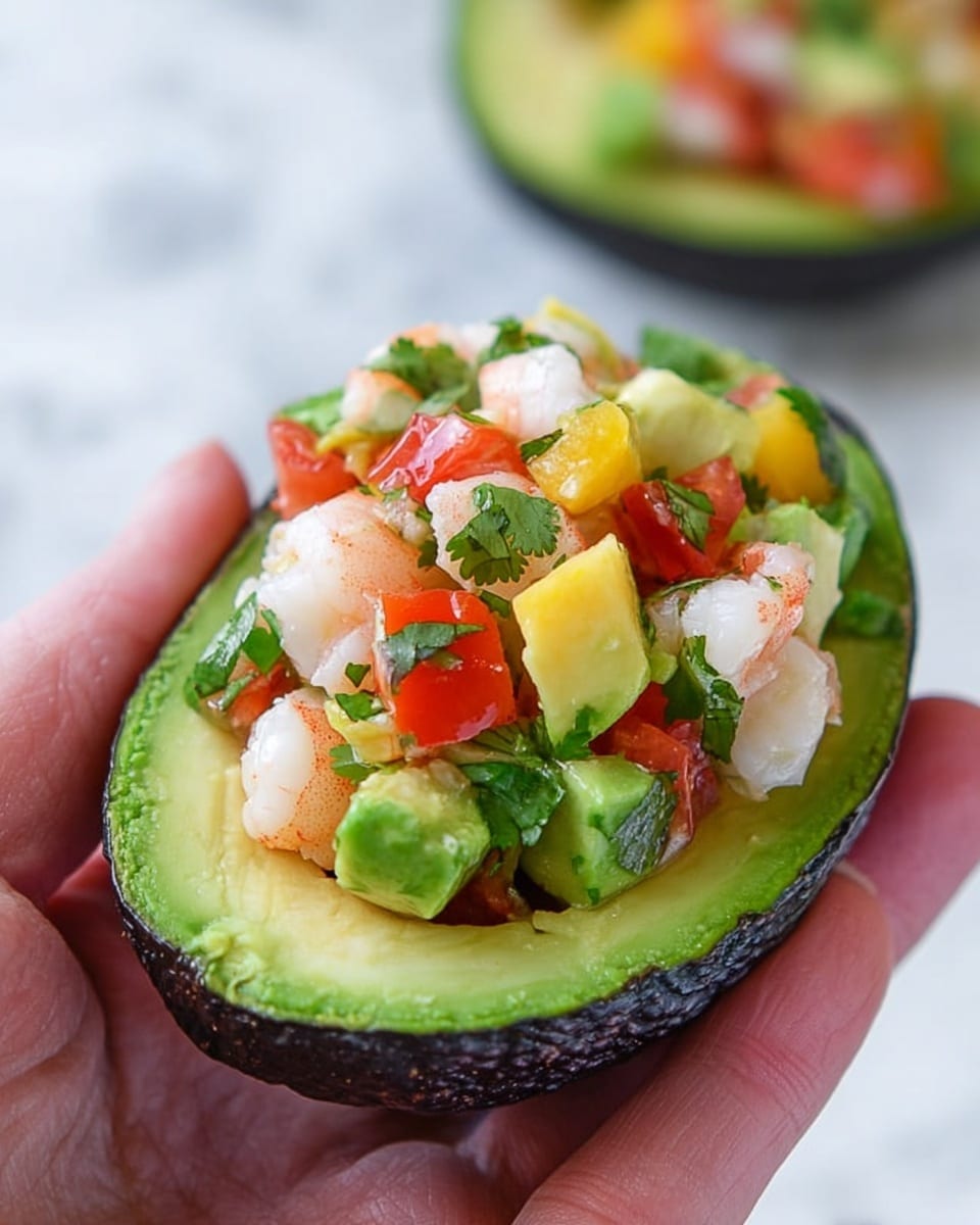 The image shows a halved dark green avocado with a rough outer skin, filled with a colorful salad on top. The salad has bright green avocado chunks, red tomato pieces, white shrimp cubes, light yellow pineapple, and small green herbs mixed together. The textures of the avocado flesh are smooth, while the shrimp look tender and slightly seasoned with black specks. The background is a white marbled surface, and a lime wedge is slightly blurred in the back. Photo taken with an iphone --ar 4:5 --v 7