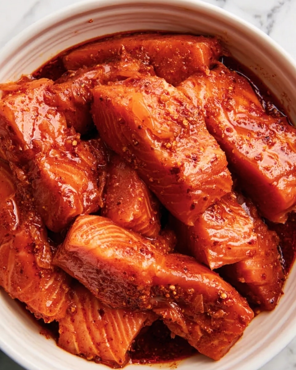 The image shows many pieces of marinated salmon in a round white bowl. Each salmon piece is covered with a thick, deep red sauce, with visible spices giving texture and color. The salmon pieces are layered unevenly, some pieces showing the smooth, shiny flesh, while others have sauce-heavy tops. The sauce looks rich and sticky, clinging to the salmon, with some darker red areas where the spices are denser. The background is a white marbled surface. photo taken with an iphone --ar 4:5 --v 7