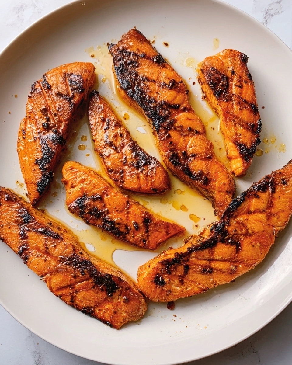 The image shows a white plate with six pieces of grilled fish fillets arranged loosely in a circle. Each fillet has a bright orange color with dark brown char marks from grilling, creating a mix of crispy and moist texture. The fish is glossy with oil glistening on its surface, and small drops of the same oil pool around the fillets on the plate. The white plate contrasts sharply with the vibrant fish and the white marbled background adds a clean, simple feel to the image. Photo taken with an iphone --ar 4:5 --v 7