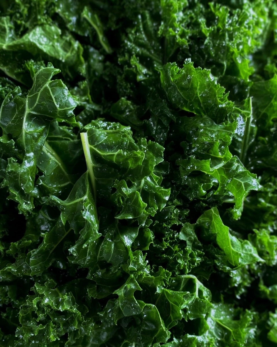 The image shows a close-up of fresh, chopped kale leaves densely covering the frame. The kale is a rich, deep green color with a glossy texture that makes the leaves look lively and fresh. Each leaf is curly and crinkled with visible veins running through, adding detail and depth. The image focuses closely on the surface of the kale, with no other items or background visible, against a white marbled texture. photo taken with an iphone --ar 4:5 --v 7