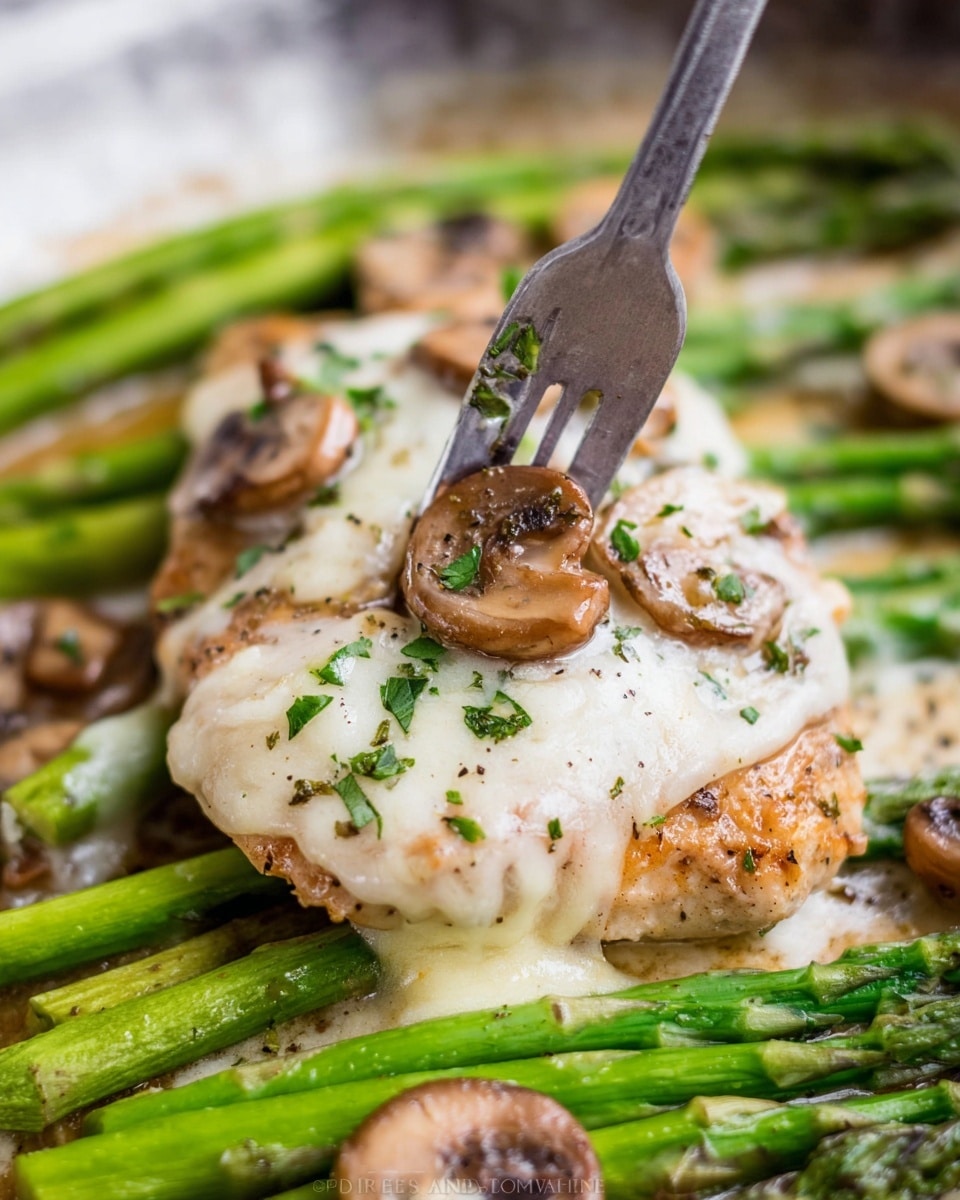 The image shows a close-up of a cooked dish with two main layers. The bottom layer is made of green asparagus spears with a fresh, slightly glossy texture, arranged around the edge. The top layer is a piece of cooked light brown chicken covered with melted white cheese that has a smooth, creamy look. Scattered over both layers are small, golden-brown cooked mushroom slices with a soft texture. There is also some finely chopped green herbs sprinkled on top. A silver fork is pressing down gently on the chicken, and the whole dish rests on a white marbled surface. photo taken with an iphone --ar 4:5 --v 7