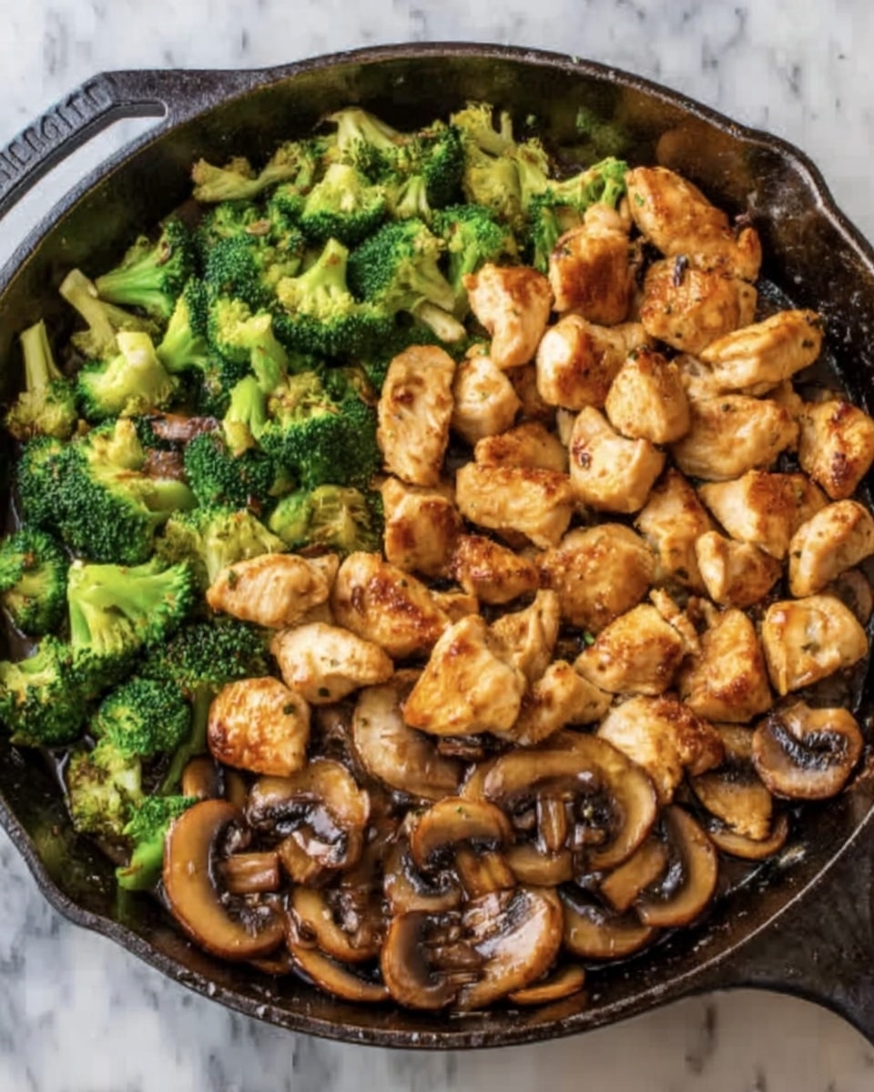 A black cast iron pan holds a cooked dish with three clear layers: on the bottom, sliced brown mushrooms with a slightly shiny surface, scattered evenly around the edges; in the middle, bright green broccoli florets with a fresh, crisp texture peeking through the mushrooms; and on top, golden-brown chicken pieces, irregularly shaped, spread in a pile mostly toward the center. The pan rests on a white marbled surface. photo taken with an iphone --ar 4:5 --v 7