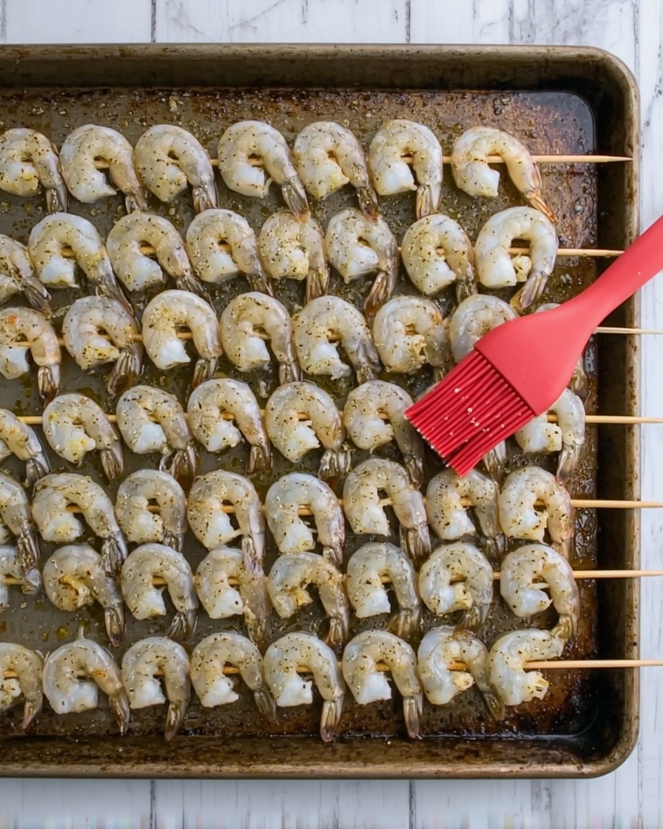 The image shows a large baking tray filled with rows of raw shrimp threaded on wooden skewers in neat horizontal layers. The shrimp are pale gray with hints of white and light brown seasoning spread mostly on their curved bodies. A red silicone brush is positioned on the right side brushing some marinade or oil onto the shrimp. The tray has a well-used, slightly worn metal look, and everything is set on a white marbled surface. photo taken with an iphone --ar 4:5 --v 7
