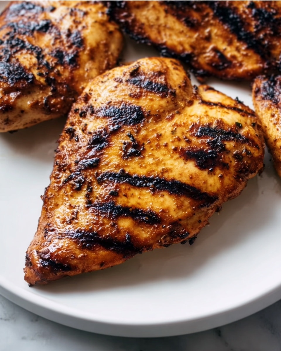 A close-up image of a white plate holding three grilled chicken pieces with a golden-brown color and dark charred spots. The chicken skin appears slightly shiny with grill marks unevenly spread across the surface, showing a mix of dark brown and black areas. The plate is placed on a white marbled surface, and the chicken fills most of the frame with a focus on one large piece in the center and two smaller pieces partially visible at the top. Photo taken with an iphone --ar 4:5 --v 7