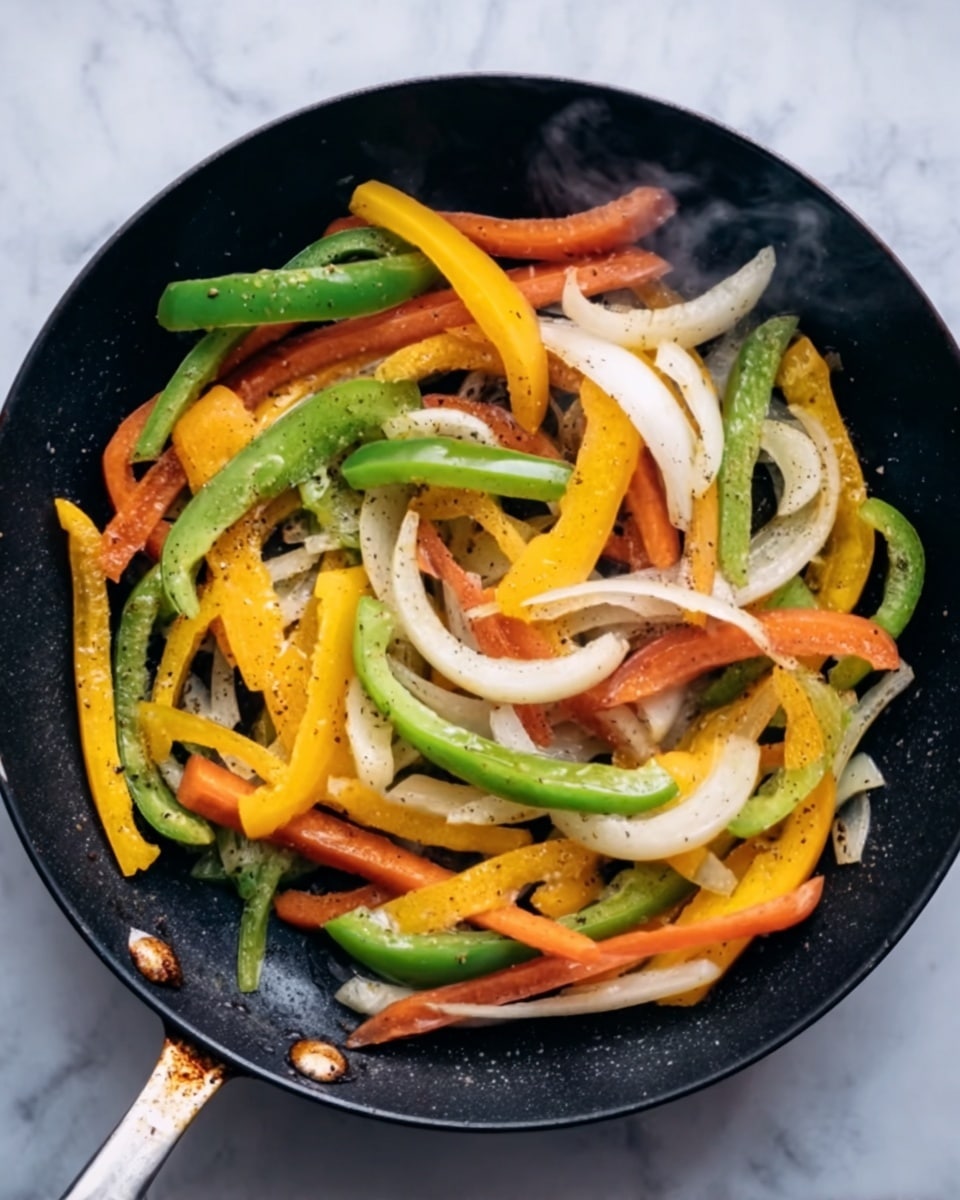 A black frying pan filled with cooked vegetables on a white marbled surface, showing layers of sliced green bell peppers, yellow bell peppers, red carrots, and white onion rings scattered throughout. The vegetables have a light cooked shine and some small black pepper specks on them. The frying pan handle has slight rust marks. steam is rising gently from the vegetables. photo taken with an iphone --ar 4:5 --v 7