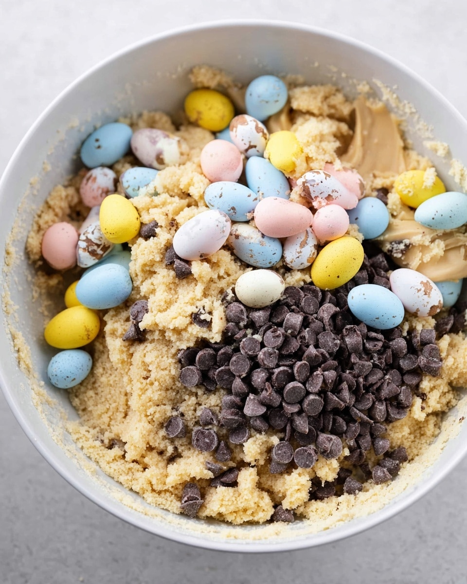 In a white bowl with a white marbled texture background, there is a mix of cookie dough as the first layer, light tan in color with a soft, crumbly texture. On top of the dough, there is a layer of small dark brown chocolate chips densely scattered on one side. Next to the chocolate chips, there are broken pieces of candy-coated chocolate eggs in pastel colors like pale blue, yellow, pink, and white, showing both the shiny outer shell and darker brown chocolate inside. The eggs are cracked and unevenly placed, mixing with the dough and chips around them. Photo taken with an iphone --ar 4:5 --v 7