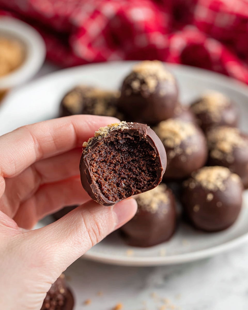 A close-up shows a woman's hand holding a round chocolate ball with a bite taken out, revealing a textured, dense chocolate inside. The chocolate ball's outer layer is dark brown and smooth, topped with light-colored crumbs. In the background, several more chocolate balls sit on a white plate with a white marbled surface below, and a red checkered cloth adds a soft texture. Some chocolate balls are slightly blurred, giving depth to the image. Photo taken with an iphone --ar 4:5 --v 7