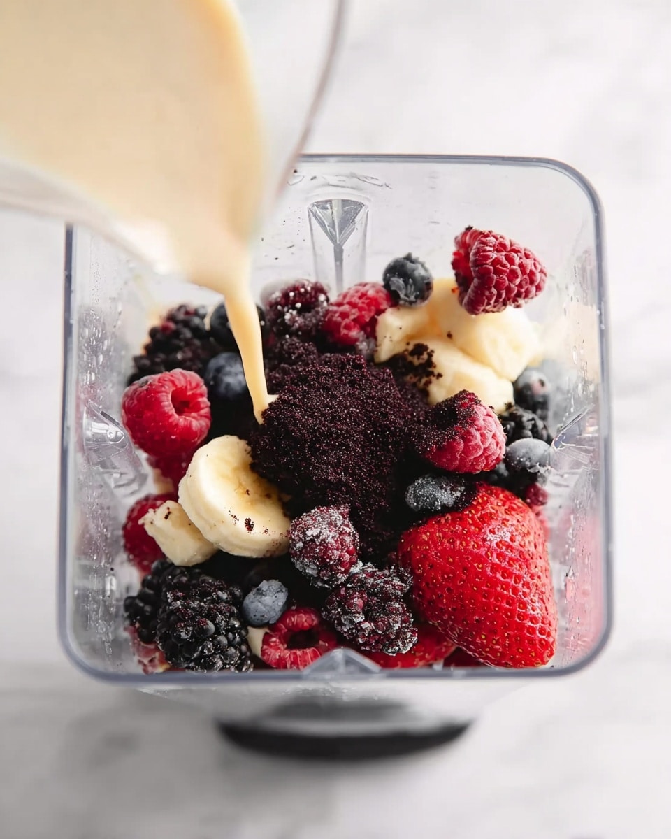 Inside a clear blender container, there is a layer with dark, crumbly black powder at the bottom, topped with mixed berries including dark purple blackberries, bright red raspberries, a red strawberry, and a few pale yellow banana slices. There are also some light blue blueberries scattered among the berries. A light beige liquid is being poured over the contents from above. The background is a white marbled texture photo taken with an iphone --ar 4:5 --v 7