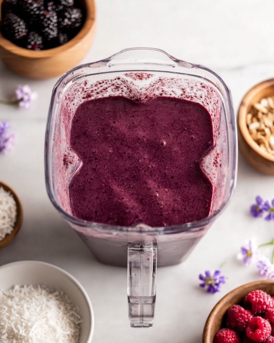 A thick, deep purple smoothie with a smooth and slightly fluffy texture fills the clear blender container almost to the top, showing subtle specks of darker and lighter purple throughout. Surrounding the blender on a white marbled surface are a white bowl filled with blackberries and raspberries, a wooden bowl with granola, and another wooden bowl with white shredded coconut, all slightly out of focus. Tiny white and purple flowers add a soft decorative touch near the bowls. photo taken with an iphone --ar 4:5 --v 7