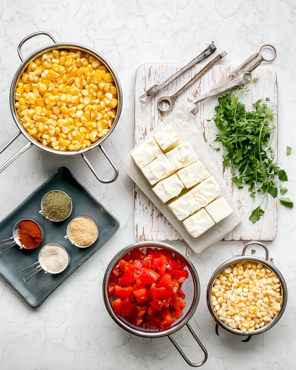 The image shows a white marbled surface with several ingredients arranged neatly. On the left, there is a metal strainer filled with bright yellow corn kernels. Below it, another metal strainer holds small bright red diced tomatoes. To the right, a white marbled wooden board contains fresh green chopped herbs and some whole herb leaves. Alongside the board is a small dark gray rectangular plate with eight white, soft blocks of cheese stacked in two rows. Above the cheese are three measuring spoons lined up horizontally with different spices: a greenish-brown powder on the left, a light beige powder in the middle, and a reddish-brown powder on the right. Another metal strainer on the far right is filled with pale yellow corn kernels. All the objects are evenly spaced on the white marbled surface. Photo taken with an iphone --ar 4:5 --v 7